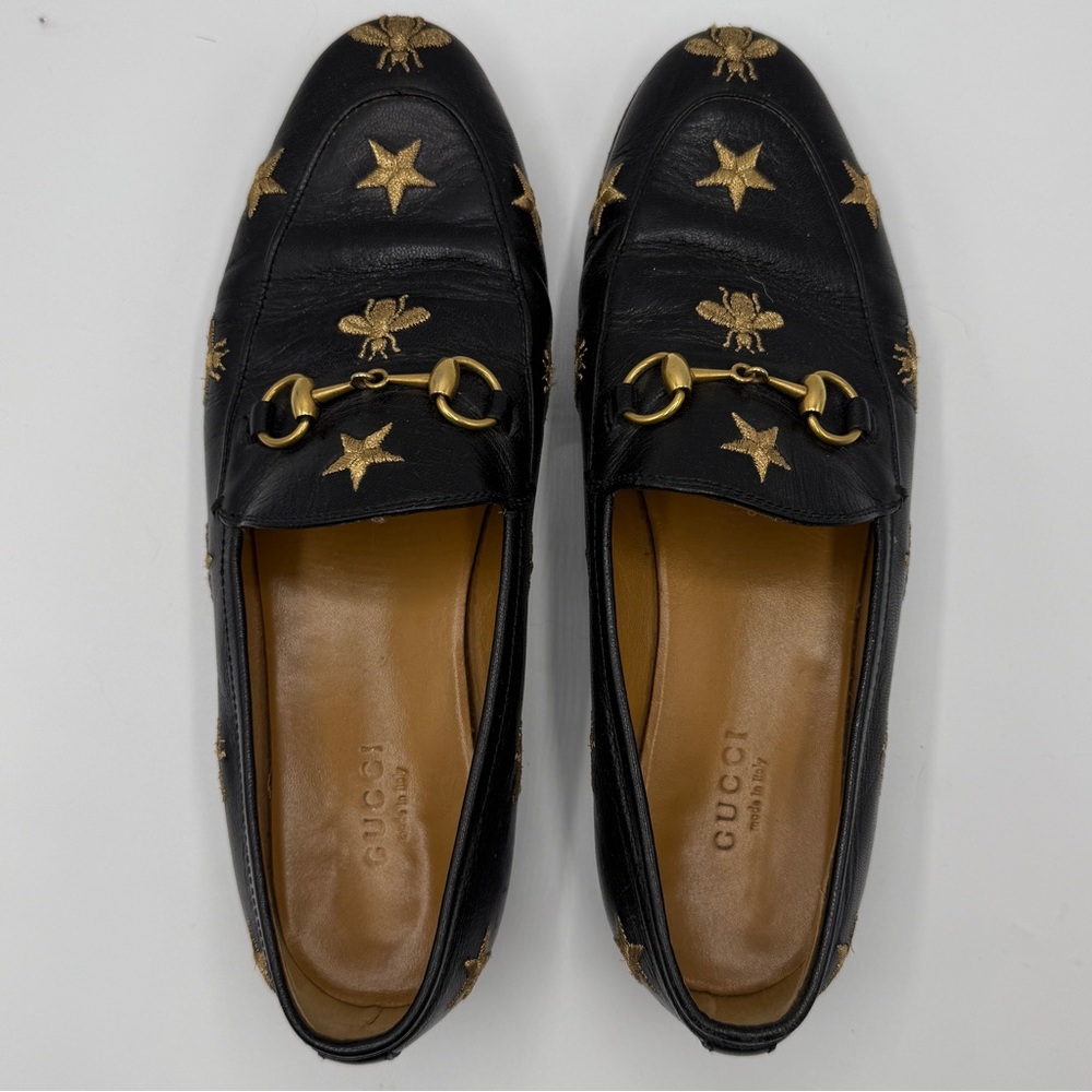 Gucci Black Leather Gold Ace Embroidered Bee Jordaan Designer Loafers EU 37